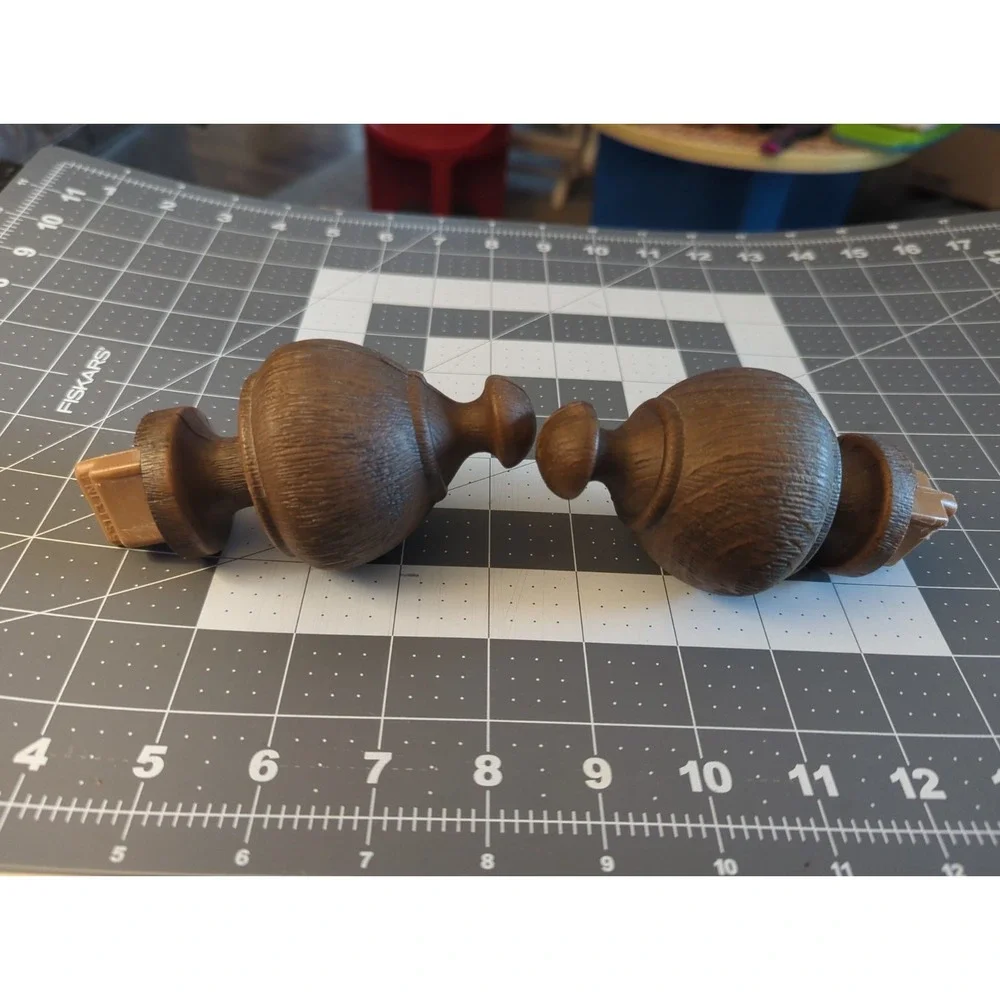 2 Vintage Plastic Drapery Rod Wood Grain Finials Mid Century 55413